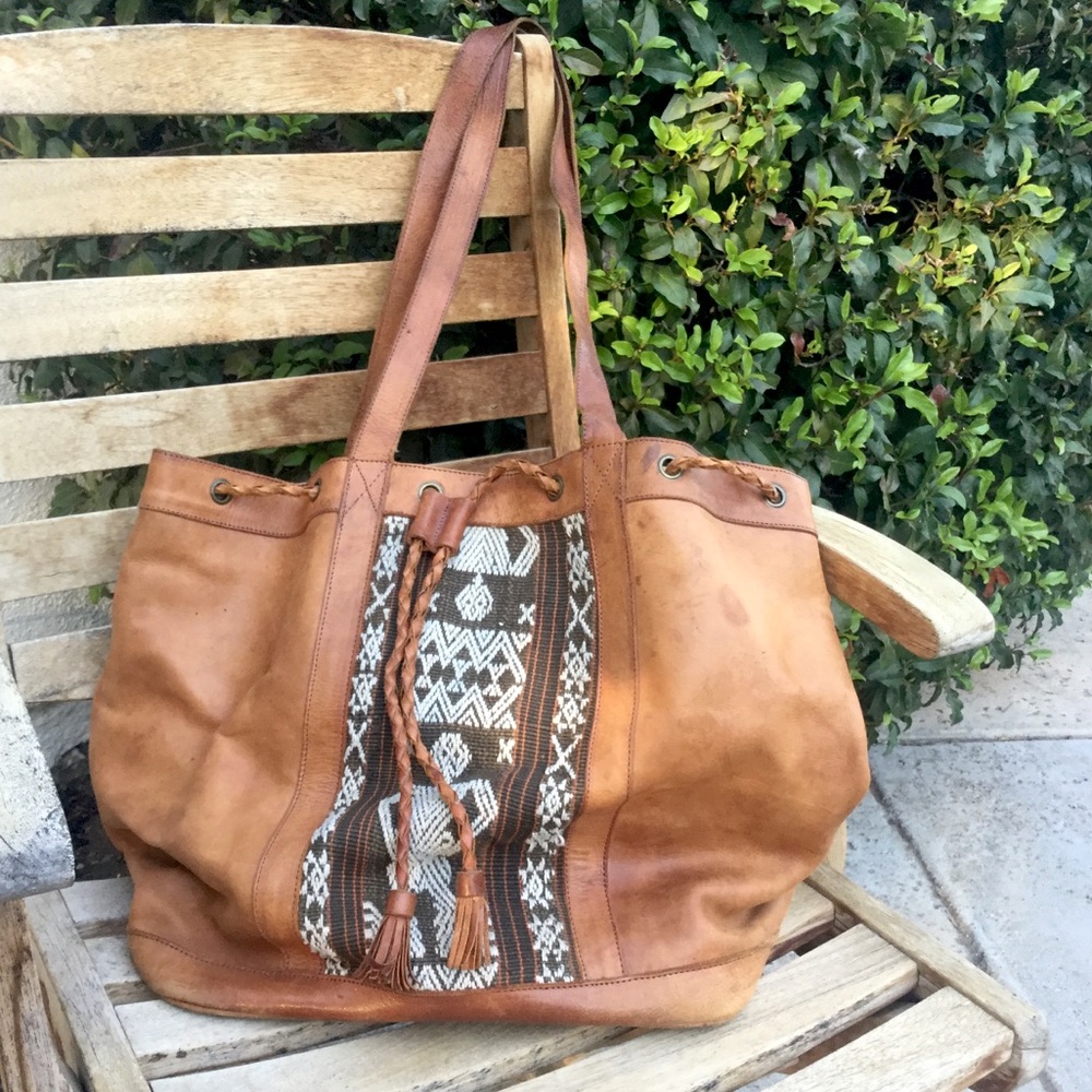 Large Vintage Leather Boho Hobo Shoulder Bag with woven geometric design
